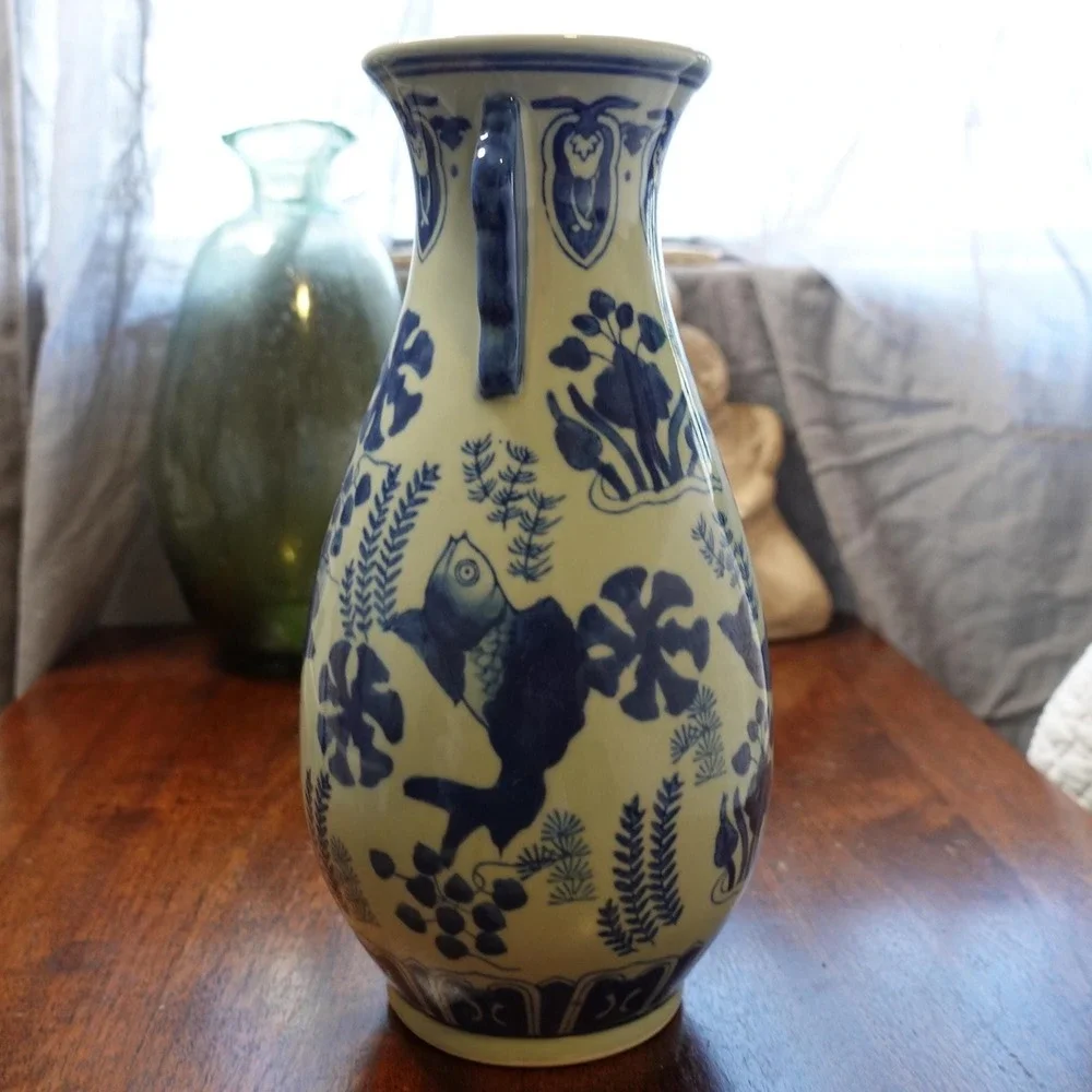 Blue and White Chinoiserie Fish‎ Motif Ceramic Vase with Handles 11 Inch Tall